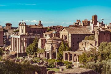 Naklejka na ściany i meble .Overview of Romulus Temple and San Lorenzo Church in the roman forum in Rome