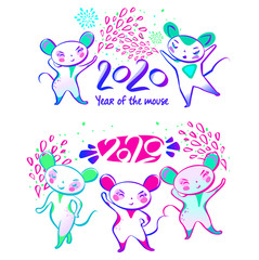 Set template image for Happy new year 2020 with white rat, mice. Lunar horoscope sign year 2020. Funny sketch line  isolate silhouette mouse with long tail. Fun robot style Vector illustration.