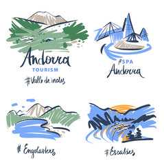 Andorra. Handwritten name country. Template isolated word text. Abstract sketch silhouette mountain. Design modern lettering, hashtag. Vector illustration