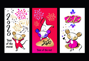 Happy new year 2020. Template card for Happy new year party with white rat, mice. Lunar horoscope sign.  Funny sketch mouse with long tail. Vector illustration
