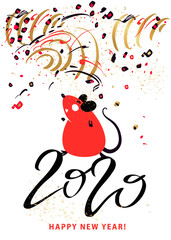 Happy new year 2020. Template card for Happy new year party with white rat, mice. Lunar horoscope sign.  Funny sketch mouse with long tail. Vector illustration