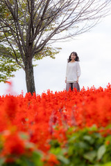 女性　花畑　赤　正面　コピースペース 