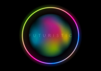 Holographic liquid geometric bubble shape and neon circles abstract graphic design. Technology futuristic background. Vector illustration