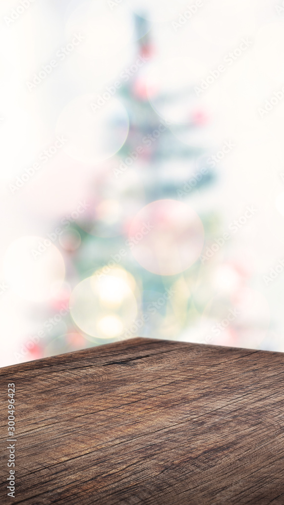 Aufkleber empty angle brown wood table with abstract christmas tree decor string light blur background,holiday