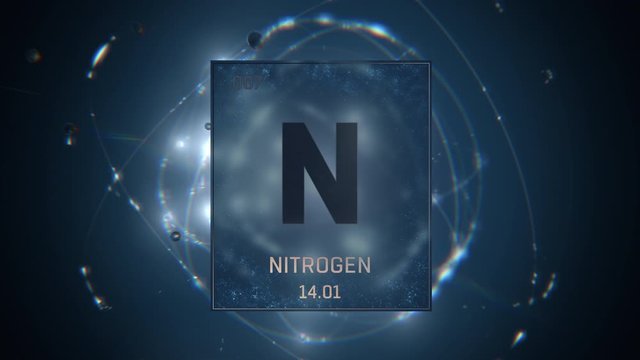 Nitrogen as Element 7 of the Periodic Table. Seamlessly looping 3D animation on blue illuminated atom design background with orbiting electrons. Design shows name, atomic weight and element number
