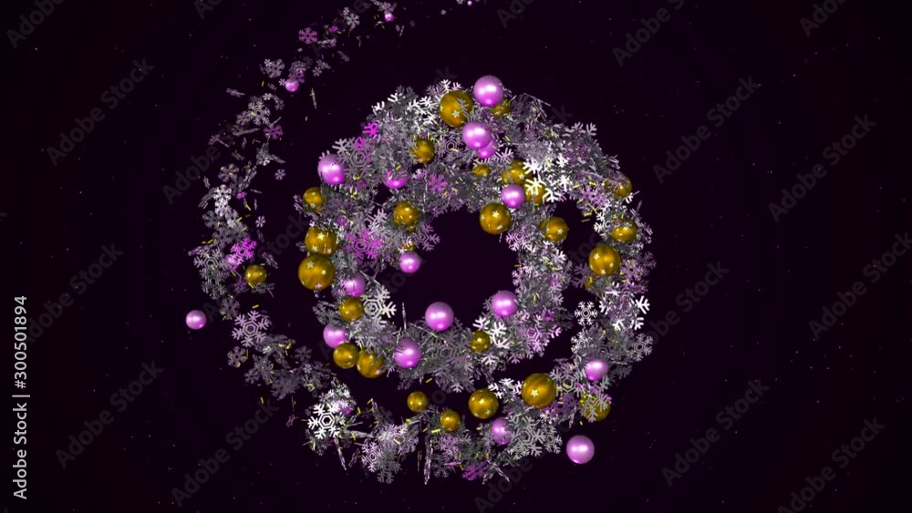 Poster amazing abstraction of the beautiful snowflakes decorated by multicolored shiny balls and rotating o