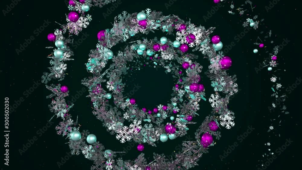 Poster amazing abstraction of the beautiful snowflakes decorated by multicolored shiny balls and rotating o