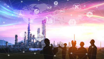 Double exposure Silhouette of the engineering team is working at the oil and gas refinery in a large energy industrial ,and physical system icons concept, Industry 4.0 concept.