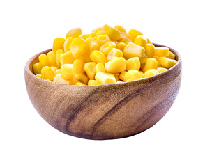 Corn seeds in wood bowl isolated on the white background
