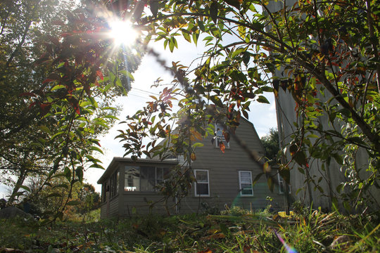tiny old house in downeast maine with sun burst from low perspective
