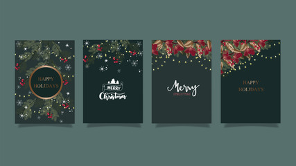 Christmas and happy season greeting card set. Gold, blue, red, white colors. Gift tags with gold glitter texture. Snowflakes and Christmas tree patterns.