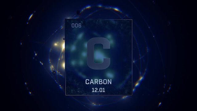 Carbon as Element 6 of the Periodic Table. Seamlessly looping 3D animation on blue illuminated atom design background with orbiting electrons. Design shows name, atomic weight and element number
