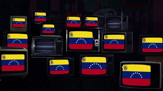 Flags of Venezuela and Retro TVs. Blue Dark Tone. Zoom In.