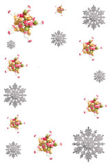 Christmas frame. decorations in the form of stars and snowflakes. new year decor in the form of berries, cones, mushrooms and acorns on a white background. the view from the top, flat lay, copy space