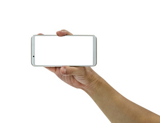 hand holding mobile smart phone  isolated on white background,clipping path