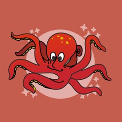 Octopus Icon, Cute Cartoon Funny Character, Swim in Water, Flat Design