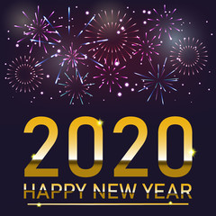 Brightly Colorful Fireworks celebration on twilight colorful fireworks vector with greeting Happy new year 2020 on dark blue  purple background with sparking bokehs.