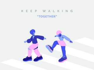 Couple walking on crosswalk with keep walking together lettering, simple and clean style