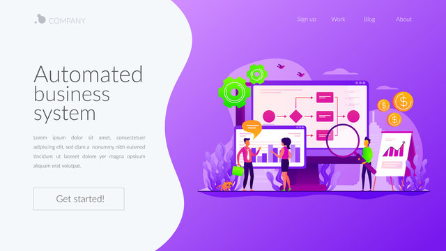 Company strategy. Work organization. Project management. Business process automation, business process workflow, automated business system concept. Website homepage header landing web page template.