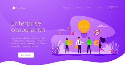 Brands partnership. Business success. Marketing strategy. Working team collaboration, enterprise cooperation, colleagues mutual assistance concept. Website homepage header landing web page template..
