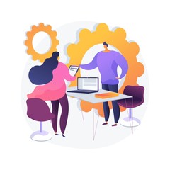 Business partners meeting. Financial consultant, lawyer and client cartoon characters. Job interview, coworkers negotiation, employment agreement signing. Vector isolated concept metaphor illustration