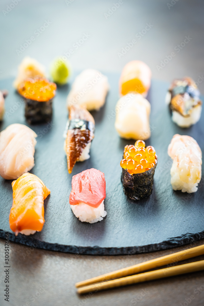 Sticker Nigiri sushi set with salmon tuna shrimp prawn eel shell and other sashimi