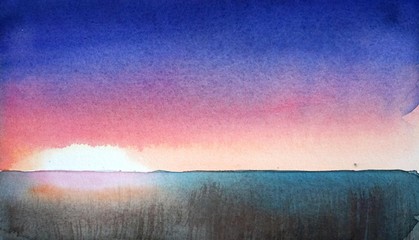 Naklejka premium Watercolor landscape of rural sunset