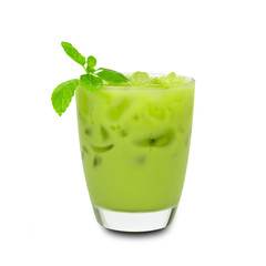 ice green tea milk in a glass isolated on white background with clipping path
