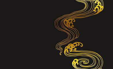Water wave art seamless background. Golden line minimal asian style on dark gray. Japanese. Chinese. Thai.