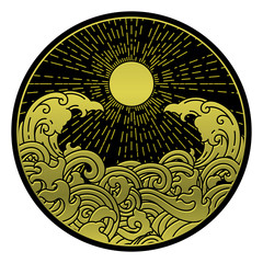 Sunshine and water wave in round shape symbol.