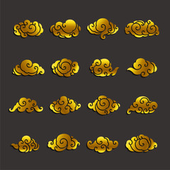 Set of golden silhouette clouds vector.