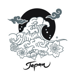 Japan symbolic logo with great wave and sakura flowers and oriental cloud and sun. Vector illustration. © dhtgstockphoto