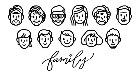 Set of family face icons. Line vector. 