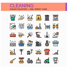 Cleaning Icons Set. UI Pixel Perfect Well-crafted Vector Thin Line Icons. The illustrations are a vector.