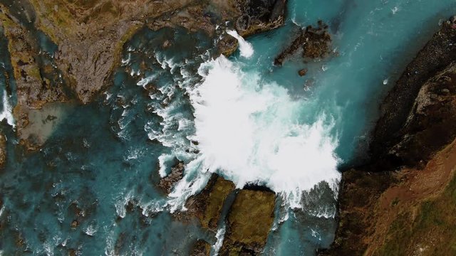 Aerial top down view of Godafoss waterfall in North Iceland