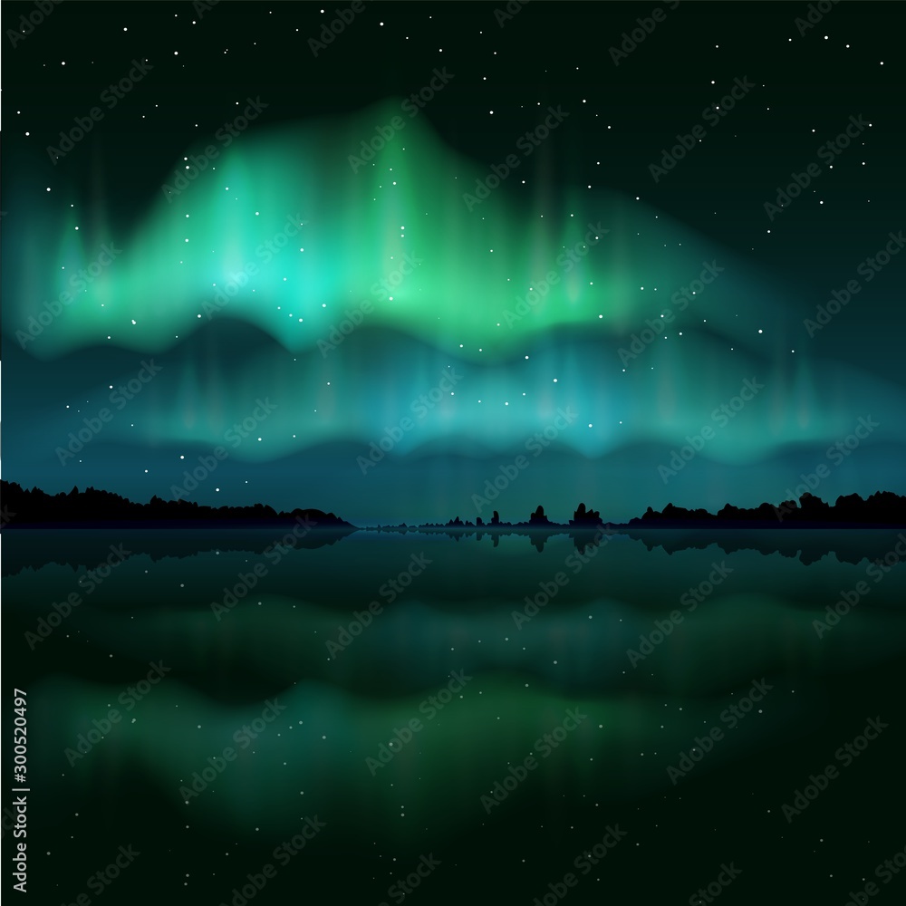 Wall mural northern lights, aurora borealis, vector realistic illustration