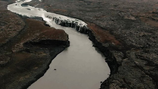 Aerial pull out view of Dettifoss waterfall in North Iceland