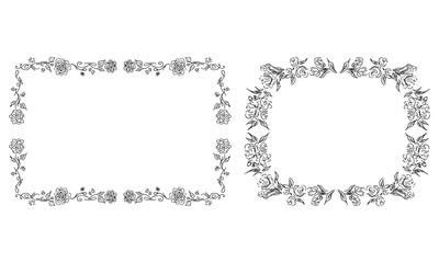 Tropical hand drawn floral frames. Outline set. Jungle foliage illustration. Floral set. Hand drawing. Vector isolated collection. Natural spring wedding card. Summer tropical leaf. Botanical frames