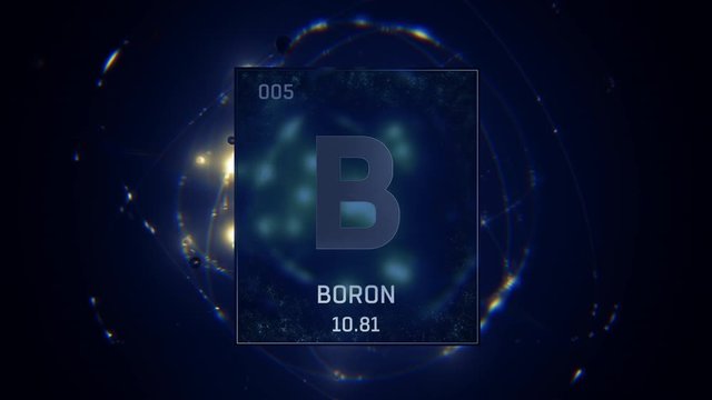 Boron as Element 5 of the Periodic Table. Seamlessly looping 3D animation on blue illuminated atom design background with orbiting electrons. Design shows name, atomic weight and element number