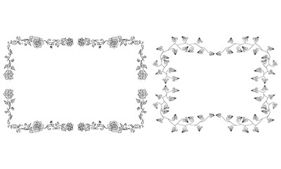 Tropical hand drawn floral frames. Outline set. Jungle foliage illustration. Floral set. Hand drawing. Vector isolated collection. Natural spring wedding card. Summer tropical leaf. Botanical frames