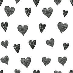 Valentines day hand drawn seamless pattern on white background. Black and white texture hearts. White background. Perfect for wrapping papper, covers, school supplies.