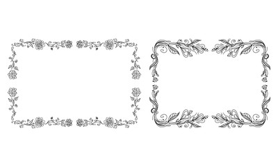 Tropical hand drawn floral frames. Outline set. Jungle foliage illustration. Floral set. Hand drawing. Vector isolated collection. Natural spring wedding card. Summer tropical leaf. Botanical frames