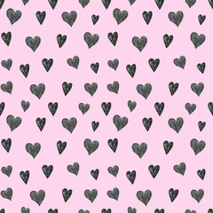 Valentines day hand drawn seamless pattern on white background. Black texture hearts. Pink background. Perfect for wrapping papper, covers, school supplies.