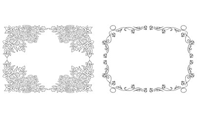 Tropical hand drawn floral frames. Outline set. Jungle foliage illustration. Floral set. Hand drawing. Vector isolated collection. Natural spring wedding card. Summer tropical leaf. Botanical frames