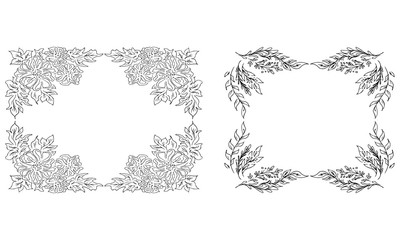 Tropical hand drawn floral frames. Outline set. Jungle foliage illustration. Floral set. Hand drawing. Vector isolated collection. Natural spring wedding card. Summer tropical leaf. Botanical frames