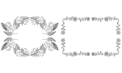 Tropical hand drawn floral frames. Outline set. Jungle foliage illustration. Floral set. Hand drawing. Vector isolated collection. Natural spring wedding card. Summer tropical leaf. Botanical frames