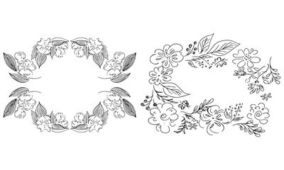 Tropical hand drawn floral frames. Outline set. Jungle foliage illustration. Floral set. Hand drawing. Vector isolated collection. Natural spring wedding card. Summer tropical leaf. Botanical frames