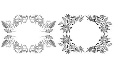Tropical hand drawn floral frames. Outline set. Jungle foliage illustration. Floral set. Hand drawing. Vector isolated collection. Natural spring wedding card. Summer tropical leaf. Botanical frames