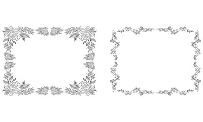 Tropical hand drawn floral frames. Outline set. Jungle foliage illustration. Floral set. Hand drawing. Vector isolated collection. Natural spring wedding card. Summer tropical leaf. Botanical frames