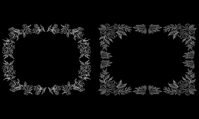 Tropical hand drawn floral frames. Outline set. Jungle foliage illustration. Floral set. Hand drawing. Vector isolated collection. Natural spring wedding card. Summer tropical leaf. Botanical frames